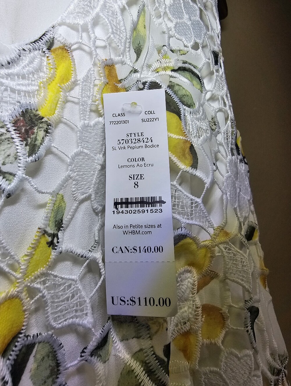 NWT White House Black Market Lemon Lace Peplum Top Size 8 - Picture 5 of 9